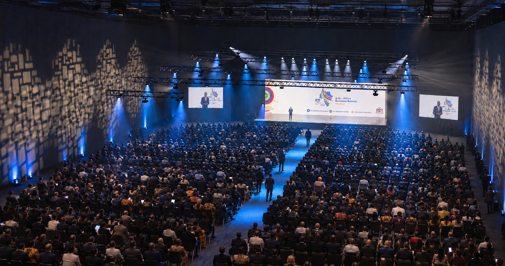 Concept visualisation of a conference stage with LED screens and blue lighting